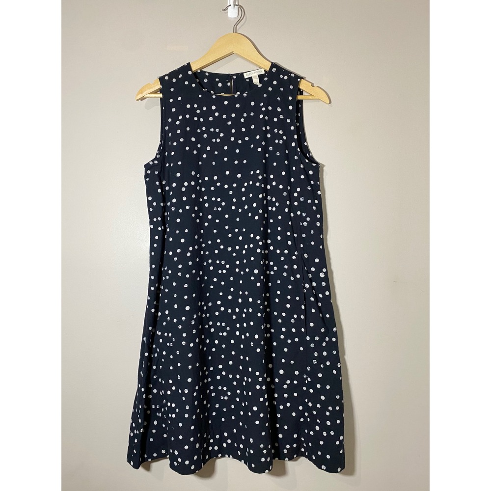 Eileen Fisher Navy Blue White Polka Dot Organic Cotton Sleeveless Shift Dress XS